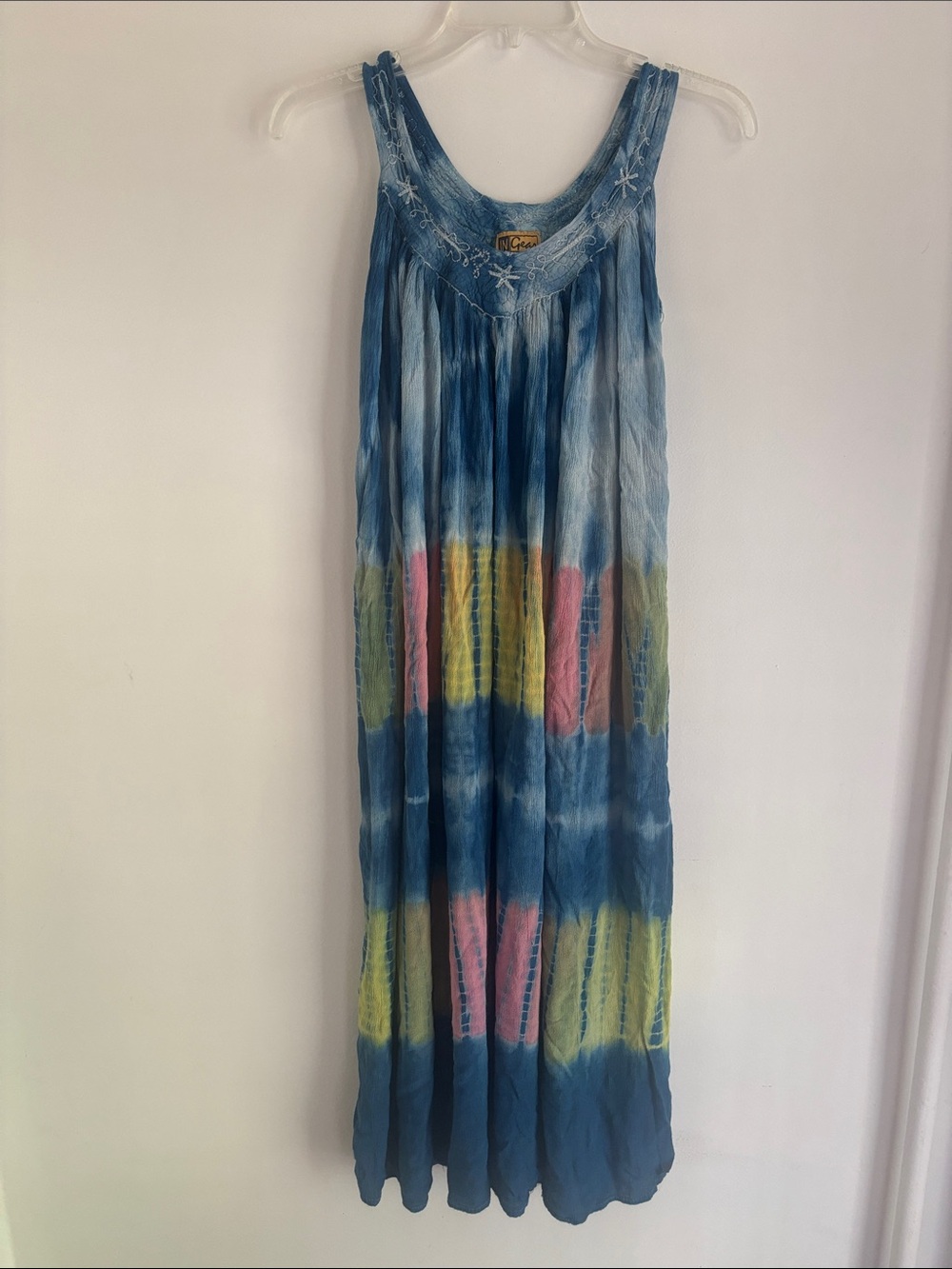 Ingear | Blue Tie-Dye Maxi Skirt with Pink & Yellow Panels